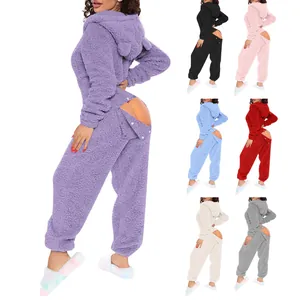 Cozy fuzzy hooded fleece jumpsuit with functional butt flap for women in multiple colors.