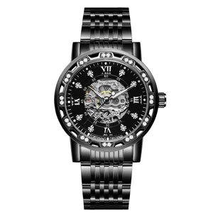 Luxury black FORSINING skeleton automatic mechanical watch for men with rhinestones