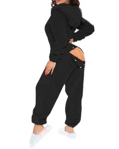 Cozy black fuzzy hooded onesie with functional buttoned back flap detail.