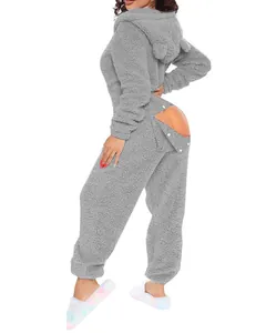 Detail shot of women's grey fuzzy hooded onesie with functional button-down back flap.