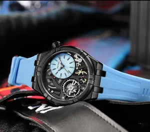 Close-up detail of MEGIR men's 8111 skeleton fashion watch with sky blue silicone strap