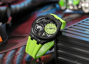 Detailed macro view of MEGIR men's quartz skeleton watch with vibrant lime green silicone strap