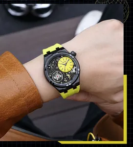 Macro view of MEGIR men's waterproof quartz watch featuring a yellow skeleton dial