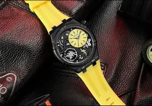 Close-up detail of MEGIR 8111 men's waterproof mechanical style watch with yellow silicone strap
