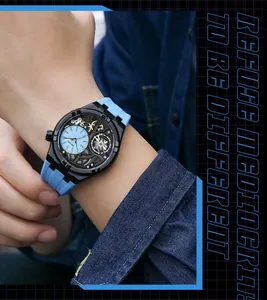 Close-up of MEGIR men's skeleton watch with blue silicone strap and black case