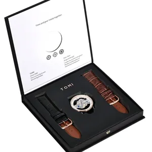 Coffret cadeau montre squelette pour homme avec bracelets en cuir noir et marron amovibles