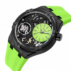 MEGIR waterproof skeleton men's quartz watch featuring a vibrant lime green silicone strap