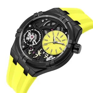 MEGIR 8111 skeleton quartz watch for men featuring yellow silicone strap and black dial