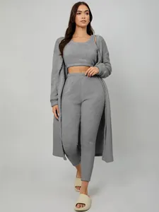 Full view of grey fuzzy 3-piece lounge set featuring a long cardigan and crop top.