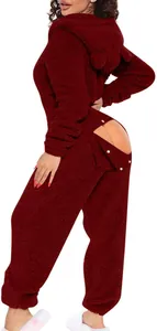 Close-up of burgundy hooded fleece onesie with ears featuring a functional back flap.