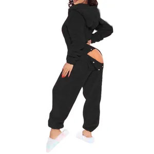 Cozy black fuzzy hooded onesie for women featuring a functional rear button flap.