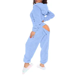 Cozy light blue hooded fleece onesie for women featuring ear details and back flap