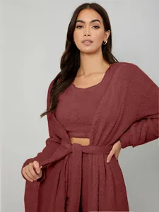 Detailed view of the soft burgundy plush 3-piece loungewear set with belt.