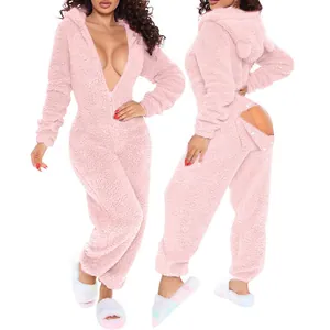 Sexy pink fuzzy hooded onesie with functional open butt flap for women's loungewear