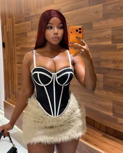 Sexy black and white fishbone corset top with contrast lining and adjustable straps for women