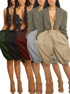 Detail view showing loose casual lantern shorts in olive, black, burgundy, grey, and tan colors.