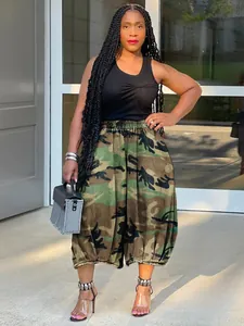 Women Fashion Camouflage Print Lantern Pants Casual High Waist Cropped Pants Elastic Waist Loose Leopard Harem Trousers