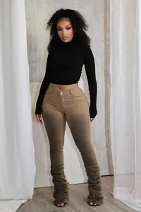 Modische, schmal geschnittene Khaki-Stacked-Hose für Damen mit Vintage-Waschung-Effekt