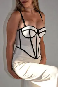 Sexy white mesh corset top with black fishbone contrast piping for women streetwear