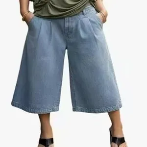 Women's stylish wide-leg denim culottes with elegant pleated front detail