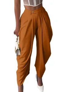 Pantalon bouffant taille haute orange brûlé élégant à jambes larges avec des plis