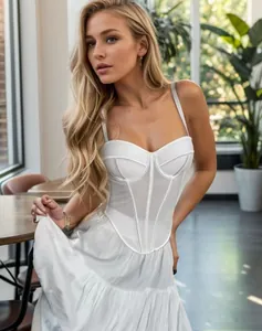 Elegant white corset-style camisole with structural fishbone lines and slim fit.