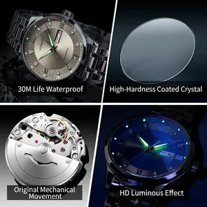 Detailed features of Goobasen mechanical watch including 30m water resistance and lume