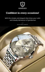 Detailed view of Goobasen luxury men's watch with zircon indices and date display.
