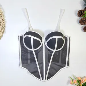 Detailed view of black and white mesh bustier corset top with fishbone structure.