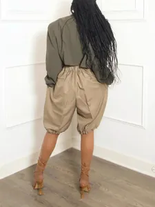 Trendy high waist khaki lantern shorts for women, loose fit casual balloon shorts.