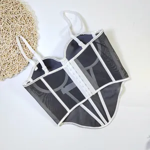 Close-up detail of sexy mesh corset top featuring white fishbone boning and hook closure