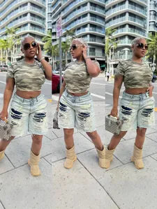 Women Fashion Streetwear Distressed Ripped Splicing Bermuda Denim Shorts High Waist Frayed Hem Washed Light Blue Jean Shorts