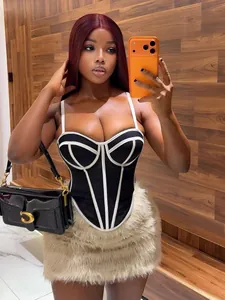 Sexy black corset bustier top with white contrast lines and fishbone waist design