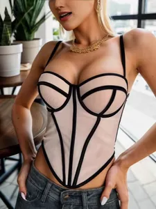 Sexy mesh fishbone corset top with contrast black piping and spaghetti straps.