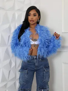 Elegante giacca corta in ecopelliccia blu brillante per donna con trama di peluche