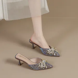 Dames Franse Elegantie Mules Met Hak Strass Strik Puntige Neus Stilettohak Microvezel Feest Bruiloft Sandalen Schoenen