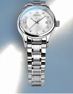 Elegante silberne Damen-Quarzuhr mit Kristallmarkierungen und einer Datumsanzeige