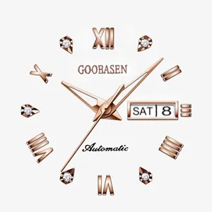 GOOBASEN luxury automatic watch face with rose gold hands and sparkling diamond markers