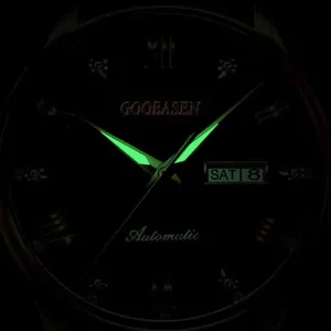 Luminous hands and markers on Goobasen automatic mechanical watch with day-date