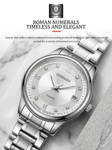 Close-up of elegant ladies silver quartz watch with sunray dial and Roman numerals