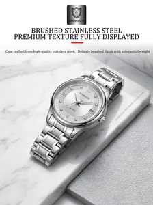 Premium silver brushed stainless steel women's quartz watch with calendar on marble base