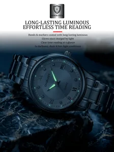 Detail showing the long-lasting luminous hands and markers of the GOOBASEN watch in darkness.