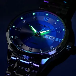 GOOBASEN luxury men's watch with luminous hands and diamond-encrusted blue dial