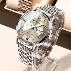 Luxury men's stainless steel watch with diamond markers and day-date display gold dial