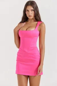 Detailed front view of a hot pink sexy bodycon mini dress with elegant square neckline.