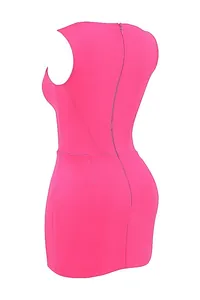 Rear view of a vibrant hot pink sleeveless bodycon mini dress featuring a back zipper