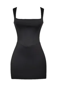 Close-up of black square neck bodycon mini dress with wide straps and sleek fit