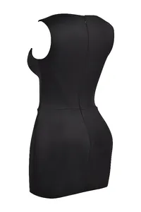 Back view of a sexy black bodycon mini dress showing a slim fit and sleek fabric texture.