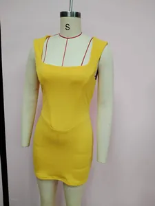 Front view of a vibrant yellow bodycon mini dress featuring a square neckline and corset-style seams