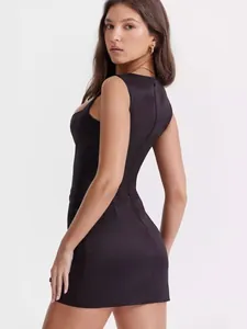 Elegant and sexy solid black sleeveless bodycon mini dress with a back zipper closure